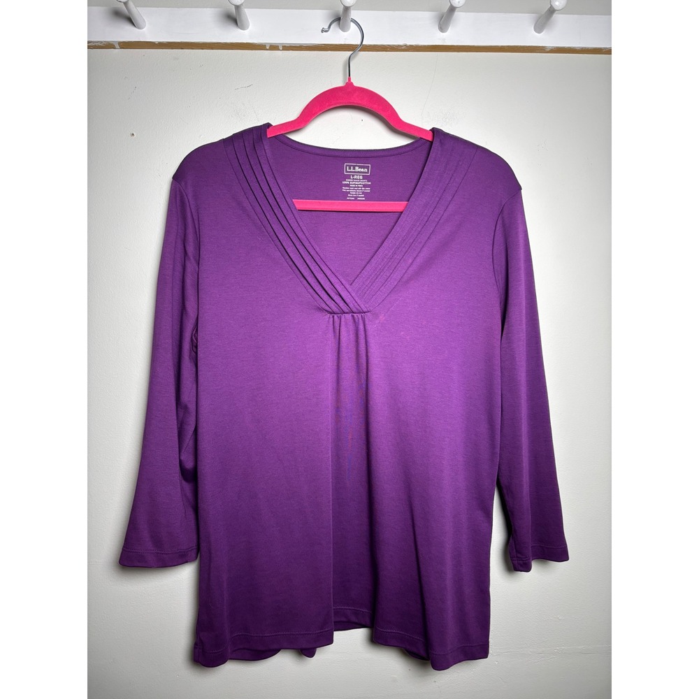 L.L.Bean Supima Cotton Pleated V Neck 3/4 Sleeve Top Large Purple Fall